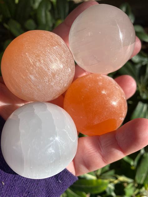 Selenite Sphere 2 Chakra Peach And White Crystal Energy Etsy