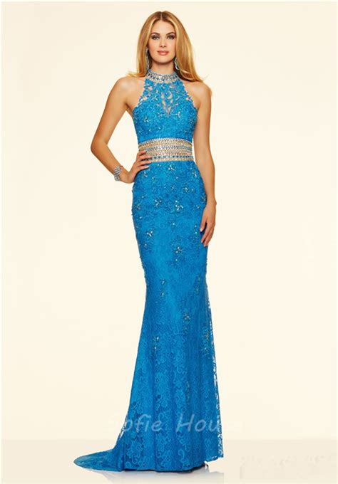 Formal High Neck Open Back Long Coral Lace Beaded Evening