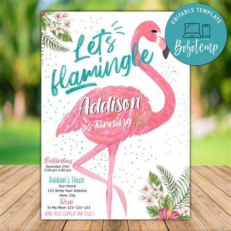 Editable Flamingo Birthday Invitation Instant Download Sportspartydesign