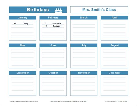 Birthday Reminder Calendar Template Printable