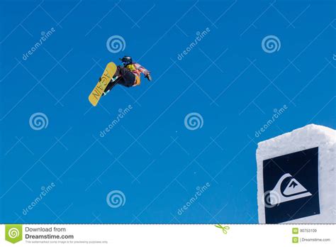 2017 04 Sochi Russia Festival Newstarcamp Snowboarder Jumps From A