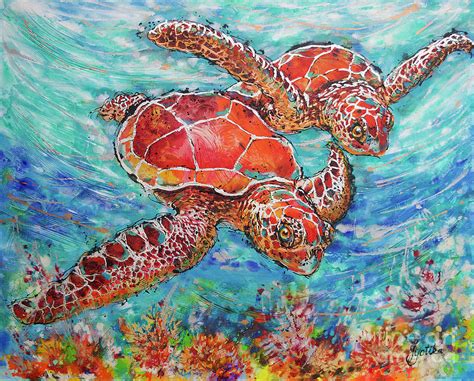 December morning, coral reef painting, oil on canv. Sea Turtles on Coral Reef Painting by Jyotika Shroff