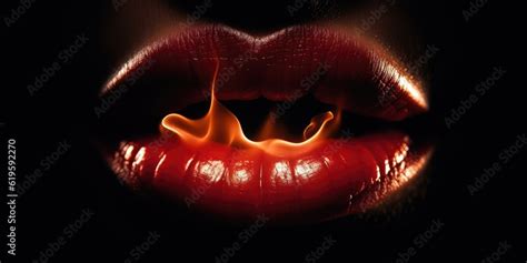 Sexual Red Lips With Fire Flame Isolated On Black Backgroundhot Kissa