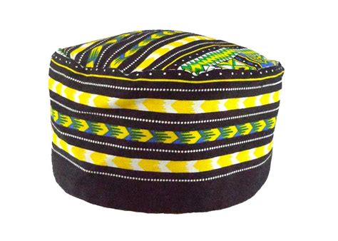 Vipada Handmade African Dashiki Hat Kente Pattern Kufi Kofi Hat Cap Black With Yellow Green