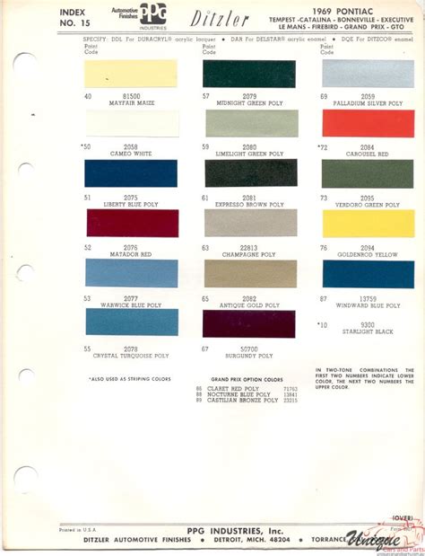 Pontiac Paint Chart Color Reference