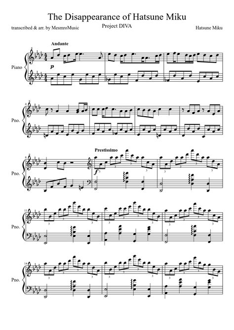 The Disappearance Of Hatsune Miku - The Disappearance of Hatsune Miku sheet music for Piano download free