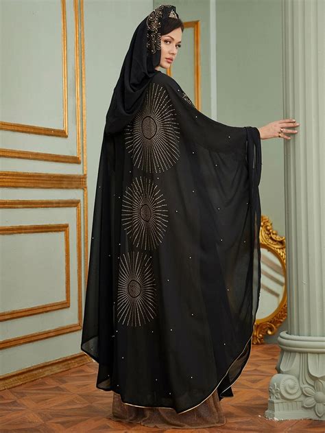 Ramadan Luxury Arabic Bat Sleeves Abaya With Hat Rhinestone