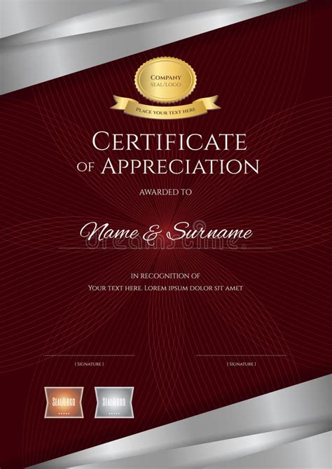Portrait Luxury Certificate Template With Elegant Red And Silver Stock