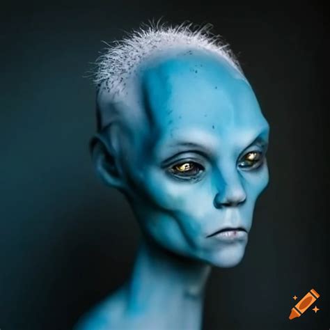 Character Design Of A Blue Skinned Alien With White Hair On Craiyon