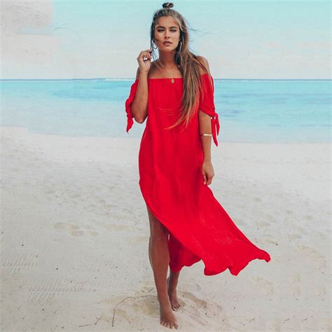 Elegant Summer Beach Off Shoulder Maxi Dress Women Red Sexy Loose Holiday Boho Long Dresses 2018