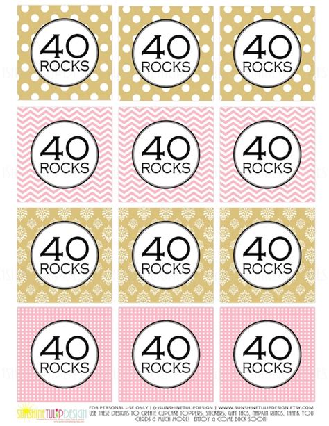 Printable 40 Rocks Cupcake Toppers 40th Birthday Cupcake Toppers Pink
