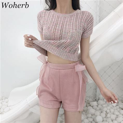 Buy Woherb 2018 New Arrival Short Sleeve Colorful Korean Knitted T Shirt Summer