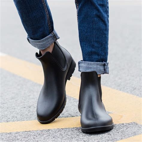 Slip On Waterproof Ankle Boots Men Rubber Rain Boots Fashion Black