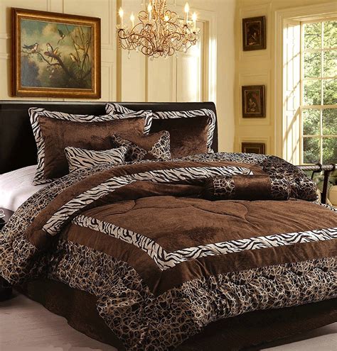 New Queen King Size Bed Leopard Zebra Brown Animal Faux Fur 7 Pc
