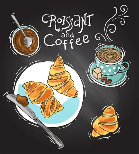 Круассан и кофе нарисованная вручную красивая иллюстрация в стиле эскиза для меню ресторана вид