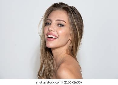 Beautiful Smiling Woman Naked Shoulder Isolated Stock Photo