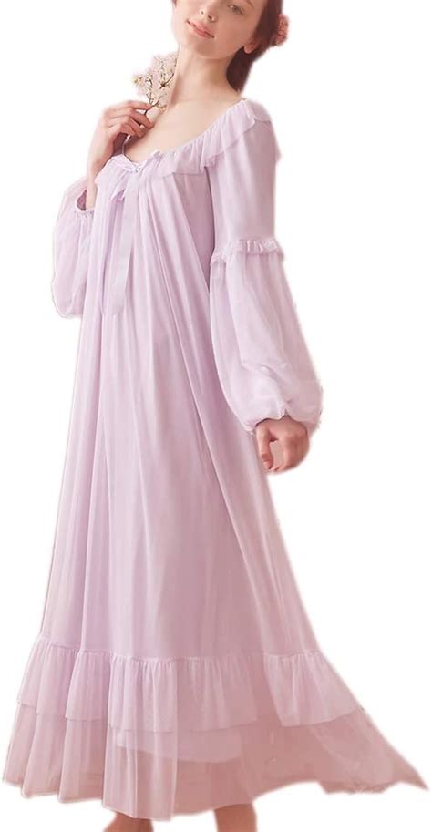 Womens Vintage Victorian Nightgown Long Sleeve Sheer Sleepwear Pajamas