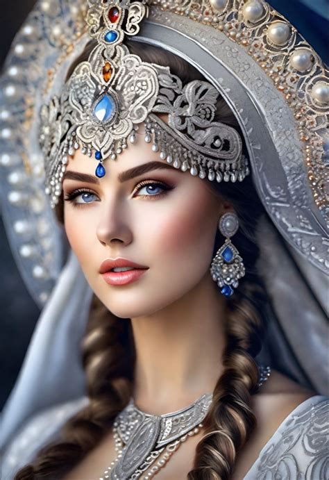 A Beautiful Woman In A White Dress And Headdress With Jewelry On Her Face