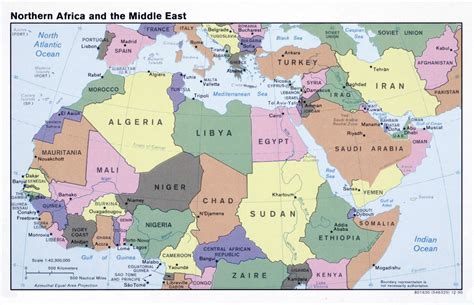 Большая политическая карта Северной Африки и Ближнего Востока 1990