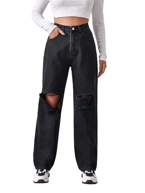 Buy Shein Women S High Waist Ripped Baggy Jeans Distressed Denim Long Pants With Pockets Black X