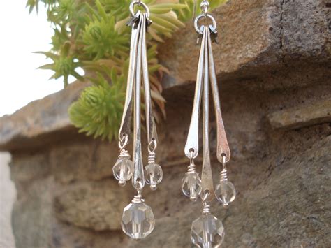 Hammered Silver Wire Dangle Wire Wrapped Crystals Earrings Etsy