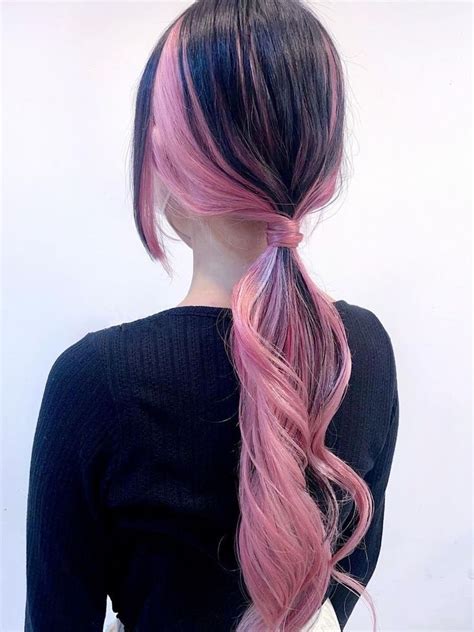Long Black Hair With Pink Underneath Pretty Hair Color Hair Inspo