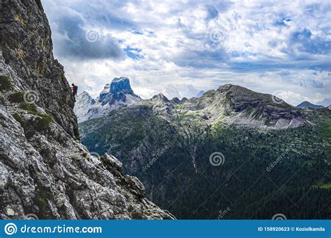 Climber On The Landscape Of Dolomites Mountains In South Tyrol Italy