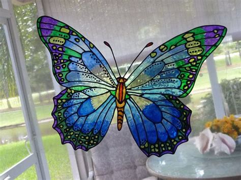 Butterfly Giant Blues Purple And Green Window Cling Etsy Stained