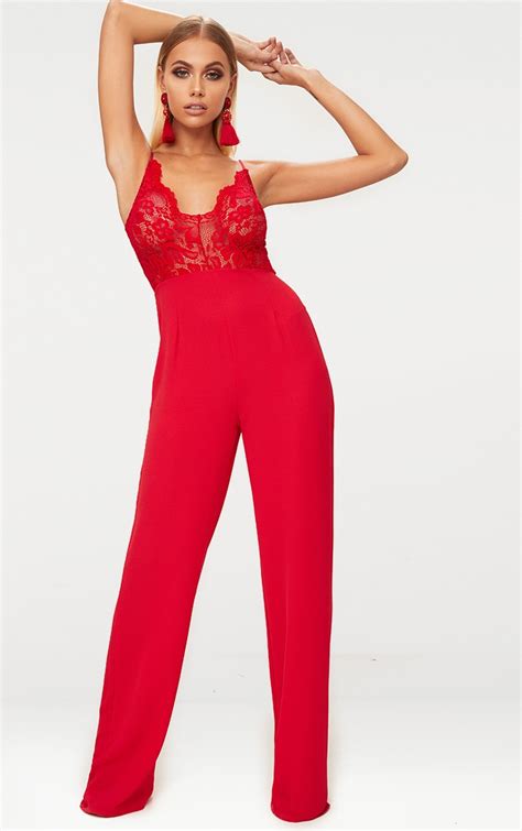 red lace wide leg jumpsuit prettylittlething ca