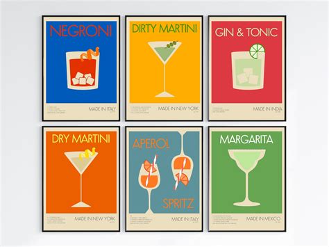 6 Cocktails Printable Posters Retro Drink Posters Kitchen Etsy