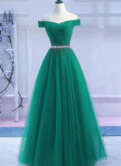 Green Tulle Off Shoulder Long A Line Prom Dress Sequined Evening Dress
