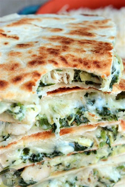 Makes 2 for a main dish, 8 for appetizers. Spinach and Artichoke Chicken Quesadillas - Big Bear's Wife
