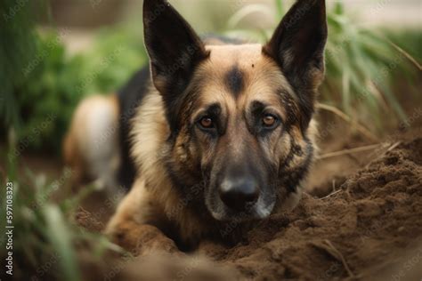 Environmental Portrait Photography Of A Scared German Shepherd Digging