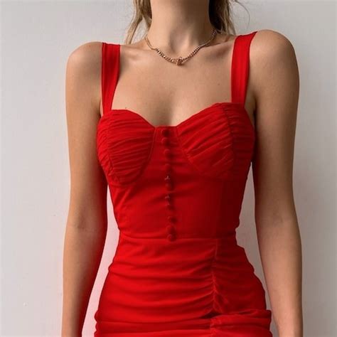 Romantic Chıffon Bodycon Dresssexy Dress Red Tulle Midi Etsy