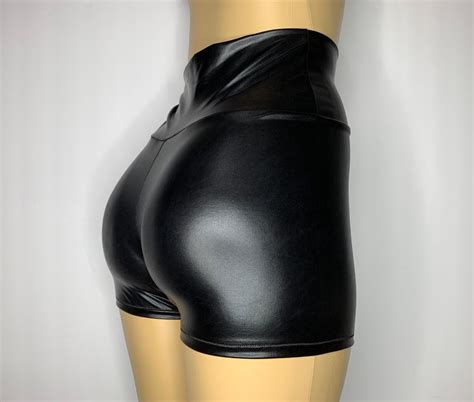 High Waist Patent Faux Leather Black Shorts Etsy