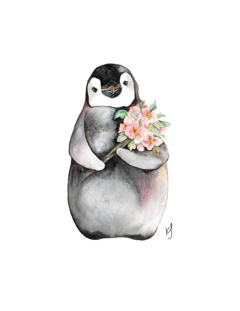 Watercolour Penguin And Flowers Etsy In 2021 Cute Drawings Penguin