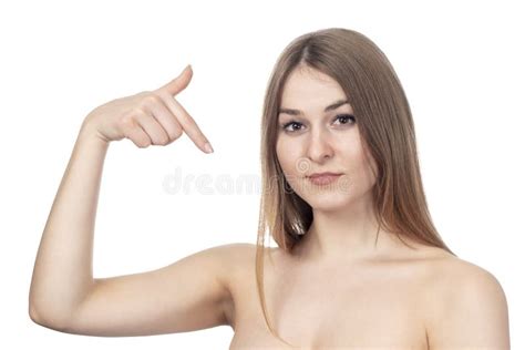 Woman Points Fingers To The Sides Stock Photo Image Of Girl