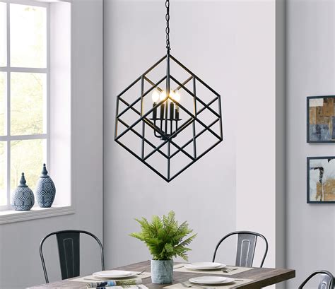 Belleze Black Cage Cube Geometric Pendant Light With Metal Shade Modern Industrial Candle