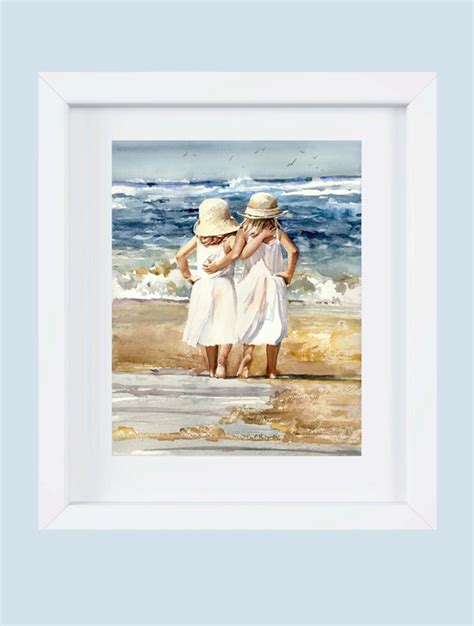 Watercolor Painting Print Sister Friend Hug Beach White Etsy