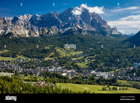 Monte Cristallo Of The Dolomite Mountains Looming Over Town Of Cortina