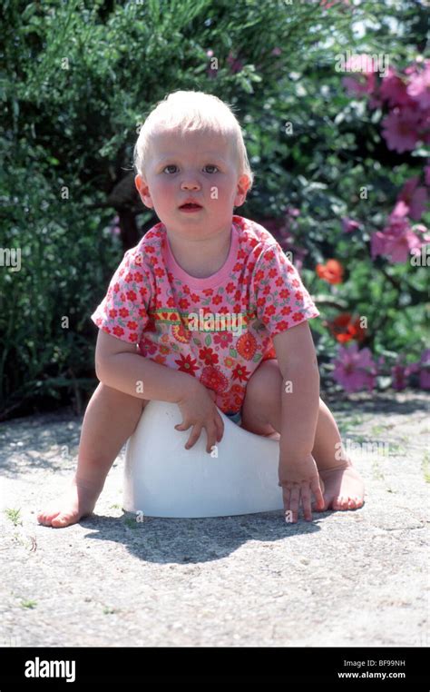 Potty Training Toddler Girl One Only Little Child Sit On Pot Outside