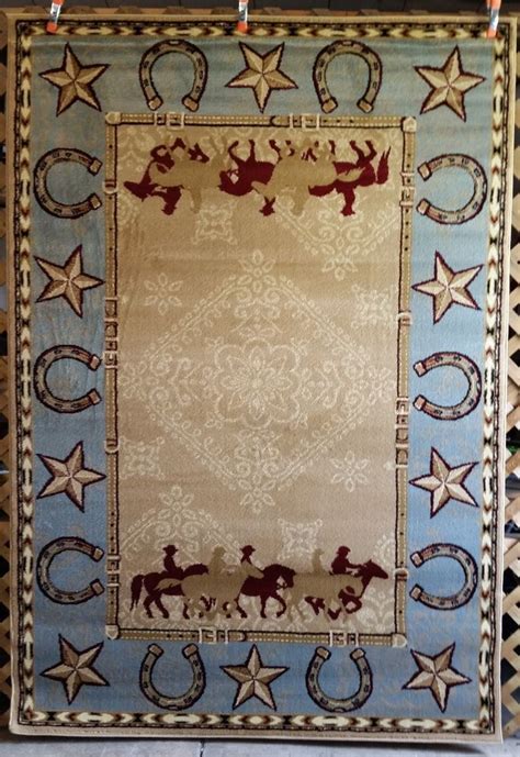 3x4 Or 6x8 Blue Tan Country Western Horses Horseshoe Star Area Rugs
