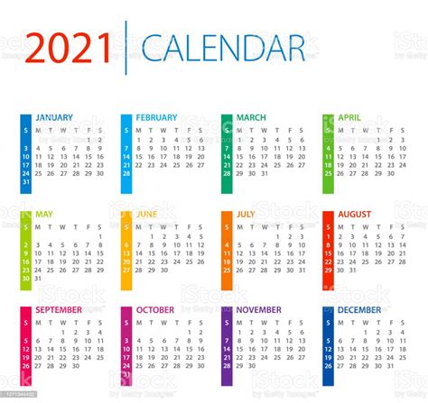 Ilustración De Calendario 2021 Ilustración Vectorial De Color La Semana Comienza El Domingo Y