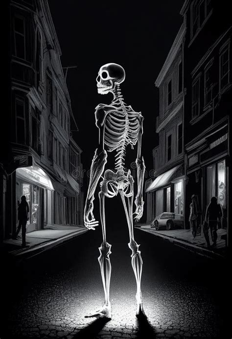 Skeleton On A Walk In The Night City Ai Genarated Stock Illustration Illustration Of Person