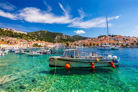 View At Amazing Archipelago With Boats In Front Of Town Hvar Croatia