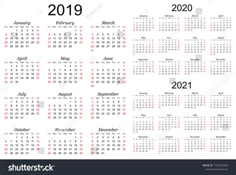 Three Year Calendar 2019 2020 2021 Stock Vector Royalty Free 1149353585