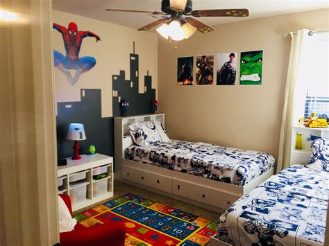My Sons Superhero Bedroom With Cityscape Handprinted On The Wall