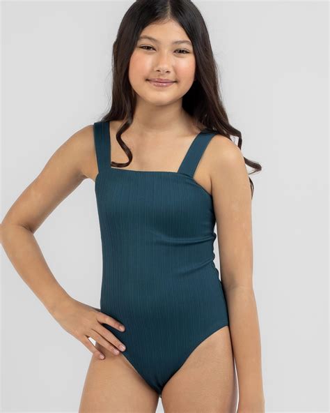 Shop Topanga Girls Willa Rib One Piece Swimsuit In Jade Jewel Fast Shipping And Easy Returns