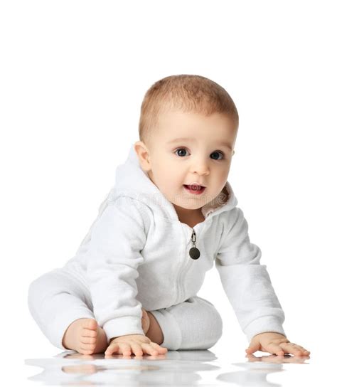 7 Month Infant Child Baby Boy Kid Toddler Sitting In White Shirt Stock