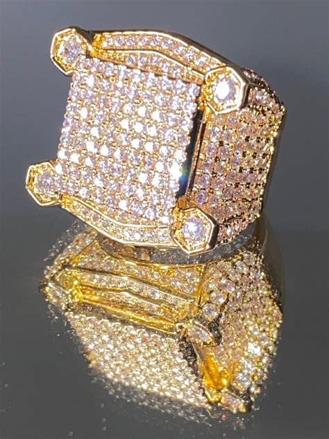 Mens Ice Out Ring 14k Gold 5x Layered Diamond Cz Ring Designer Big